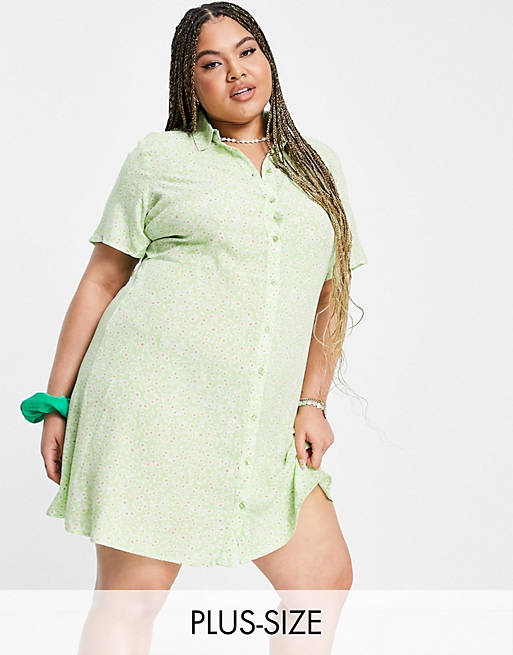 Pieces Curve exclusive mini shirt dress in green floral