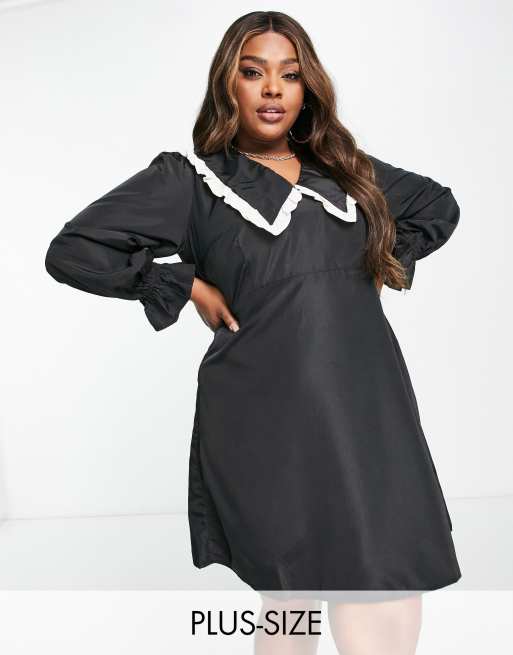 Pieces Curve exclusive oversized collar contrast trim mini dress in black