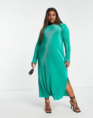 Pieces Curve exclusive plisse maxi dress with side split in bright green - ASOS Price Checker