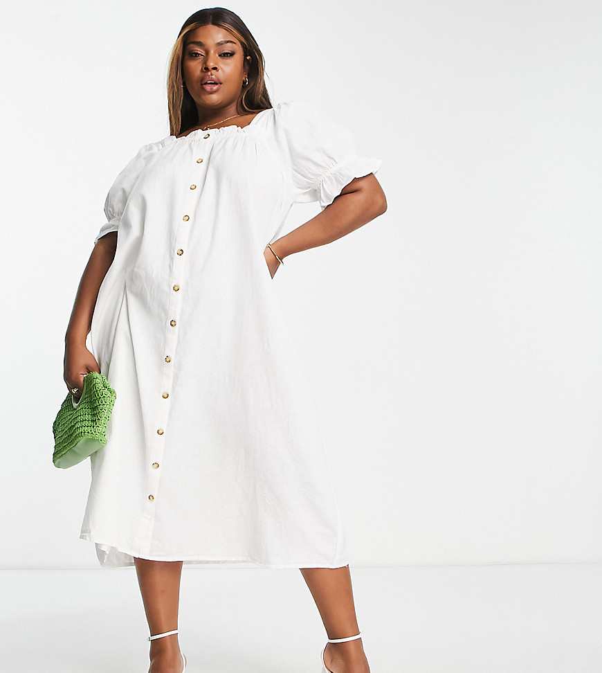 Pieces Curve exclusive puff sleeve midi button up dress in white