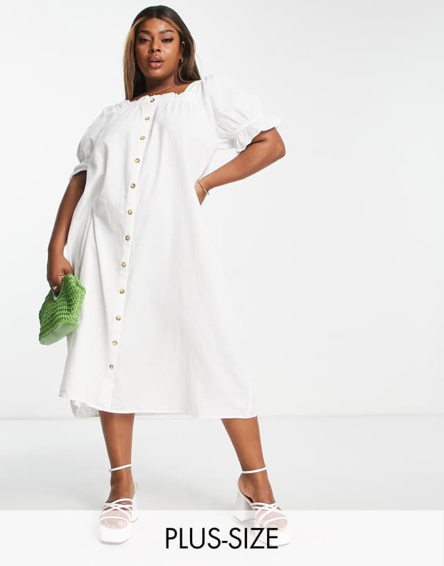 Pieces Curve exclusive puff sleeve midi button up dress in white