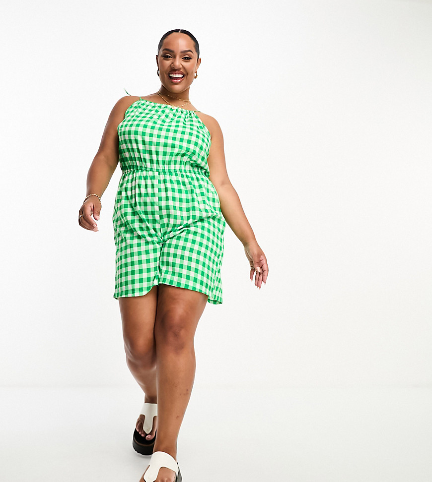 Pieces Curve exclusive tie sleeve playsuit in green gingham