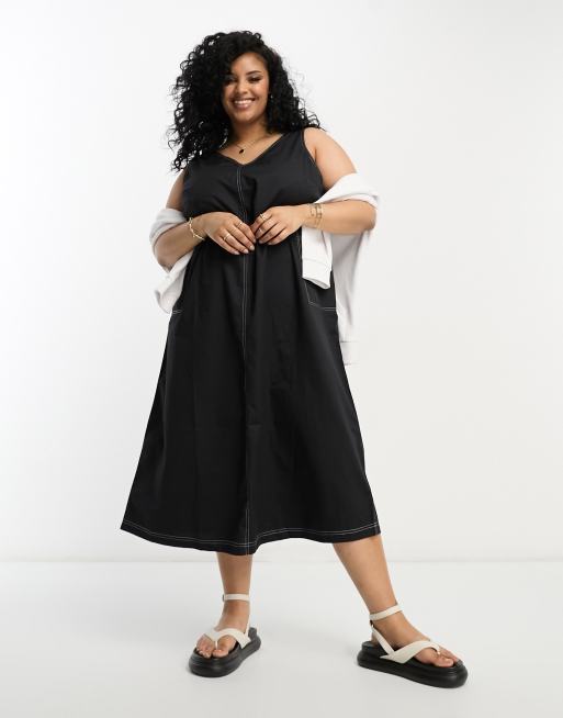 Pieces Curve exclusive v neck cargo midi dress in black with contrast stitching