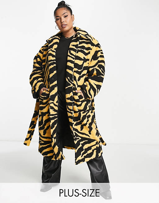 Laatste Mijlpaal Kort geleden Pieces - Curve - Exclusives - Lange teddy jas met tijgerprint in geel | ASOS