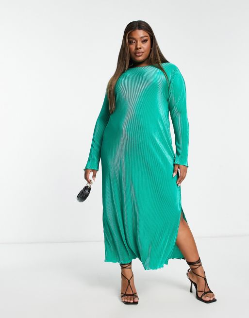 Pieces - Curve - Exclusives - Maxi jurk met plissé en zijsplit in felgroen