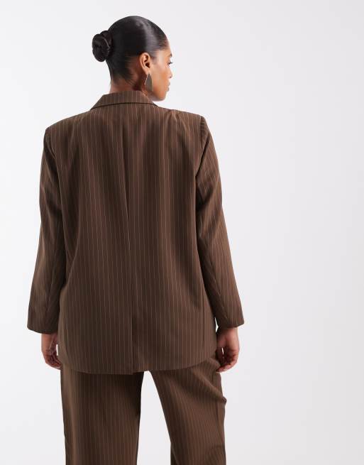 Pieces Curve figursydd kavajset i chokladbrun pinstripe, 4 av 4