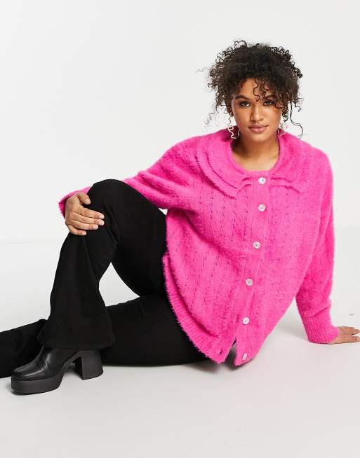 Pieces Curve fluffy collar detail cardigan in bright pink