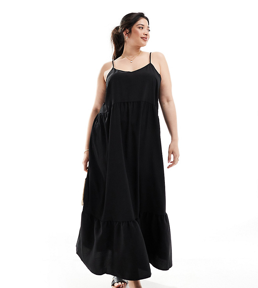 Pieces Curve frill bottom maxi dress in black
