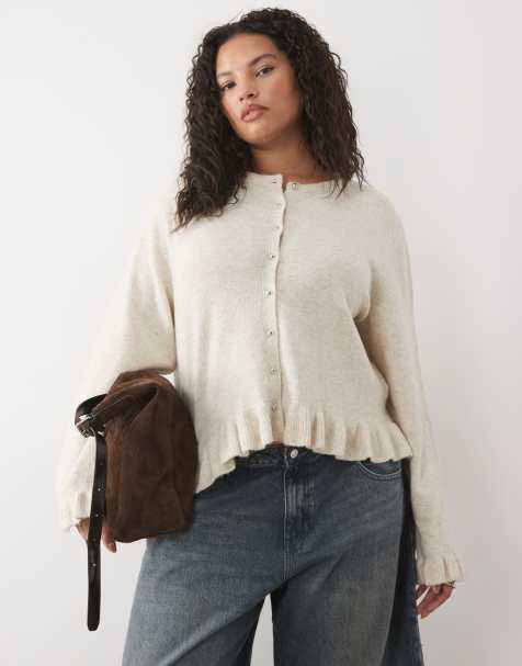 Pieces Curve frill cuff button detail cardigan in cream - view 1
