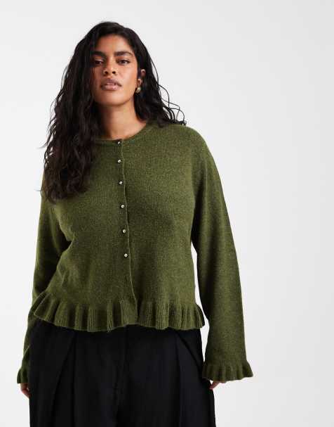 Pieces Curve frill cuff button detail cardigan in moss green - view 1