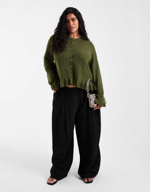 Pieces Curve frill cuff button detail cardigan in moss green, 2 of 4