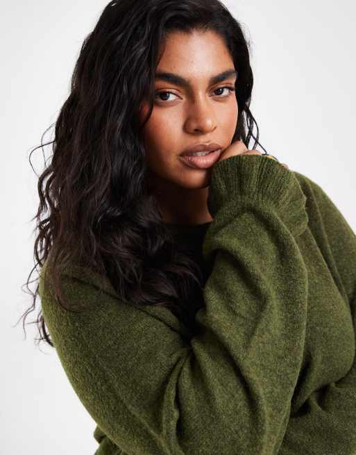 Pieces Curve frill cuff button detail cardigan in moss green, 3 of 4