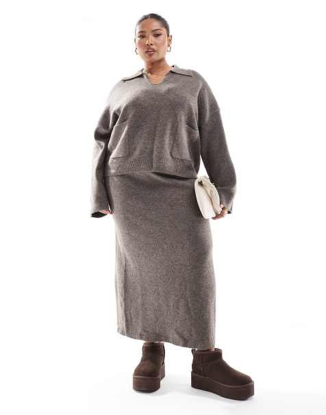 Pieces Curve - Gonna lunga in maglia tortora scuro in coordinato - view 1