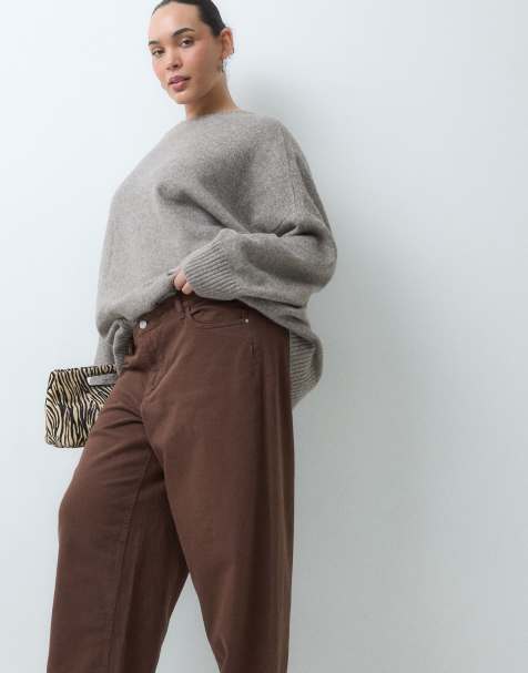 Pieces Curve Grace barrel-leg jeans i chokladbrunt - view 1
