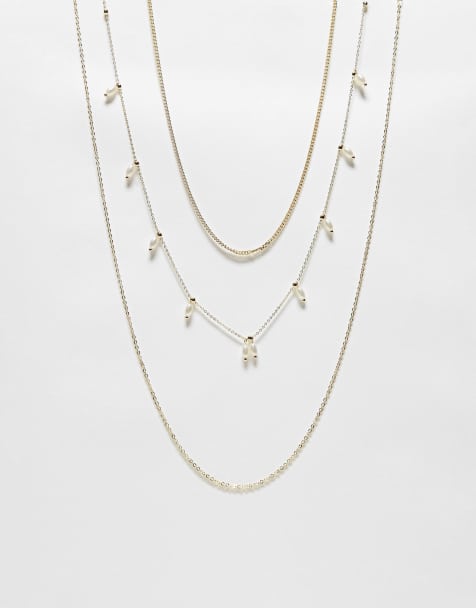 Pieces Curve – Guldfärgade halsband i flera rader med oäkta pärla, 3-pack - view 1