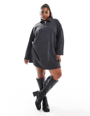 Pieces Curve half zip mini sweatshirt dress in dark gray