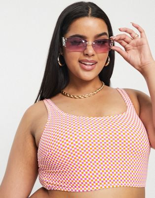 Pieces Curve scoop neck bikini top in pink checkerboard - ASOS Price Checker