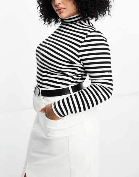 Pieces Curve high neck top in black and white stripe - view 1