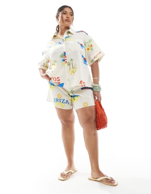 Pieces Plus Pieces Curve high waist short co-ord in cream based conversational print-Yellow