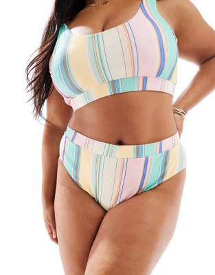 Pieces Curve high waisted bikini bottom in multi stripe - part of a set