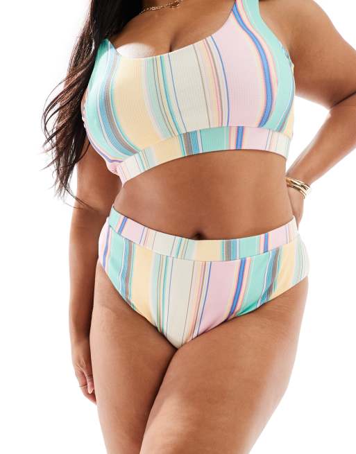 Pieces Curve high waisted bikini bottoms in multi stripe (part of a set)