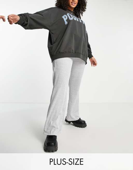 Pieces Curve high waisted ribbed flared pants in grey