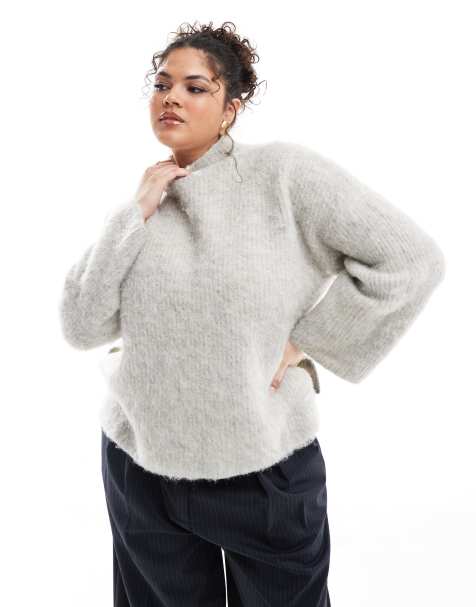 Pieces Curve – Hochwertiger Longline-Pullover aus flauschigem Strick in Hellgrau meliert mit breiten Bündchen - view 1