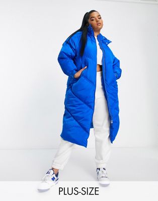 Pieces Curve hooded longline padded coat in bright blue - ASOS Price Checker