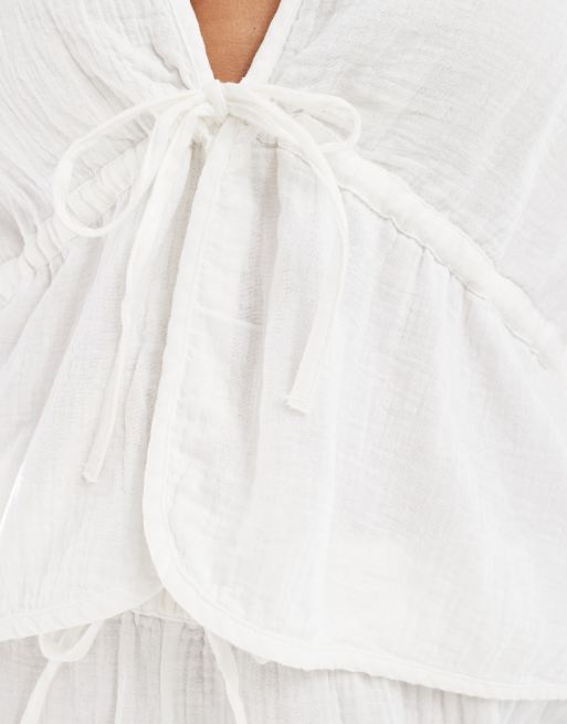 PIECES Curve - Hvid cropped bluse med bindebånd foran i bomuldskrølstof - Del af sæt, 2 af 4