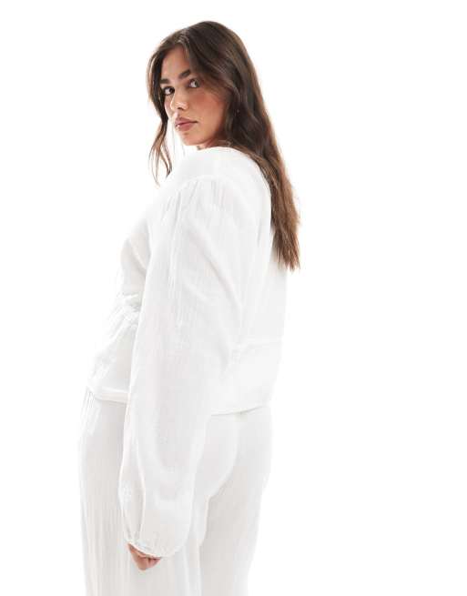 PIECES Curve - Hvid cropped bluse med bindebånd foran i bomuldskrølstof - Del af sæt, 4 af 4