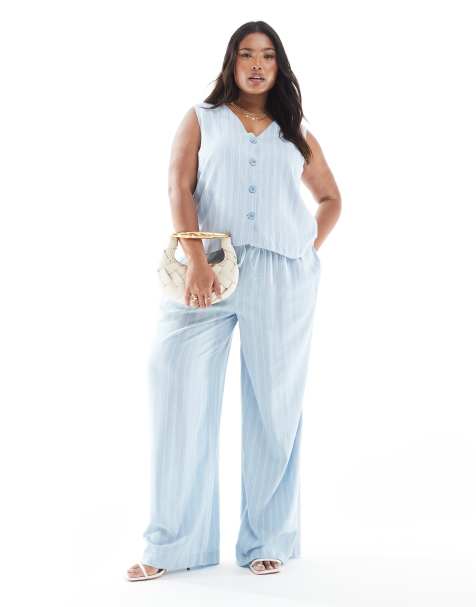 Pieces Curve wide leg trousers co-ord in light blue stripe