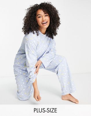 Pieces Curve jersey long sleeve pj set in moon and stars motif