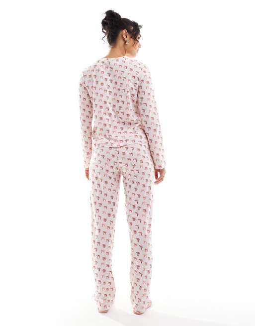 Pieces Curve - Kerst - Pyjamaset met lange mouwen en strikjesprint in roze, 4 van 4