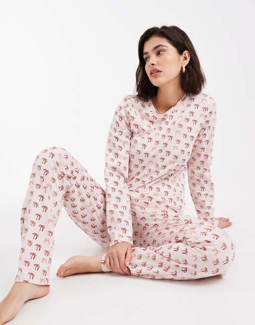 Pieces Curve - Kerst - Pyjamaset met lange mouwen en strikjesprint in roze, 2 van 4