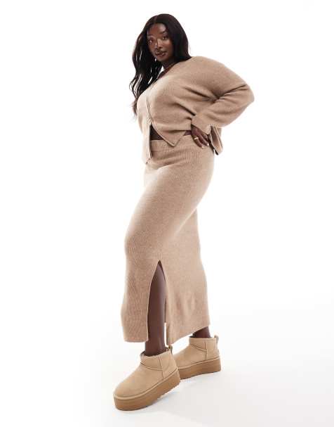 Pieces Curve knitted maxi skirt co-ord in taupe - view 1