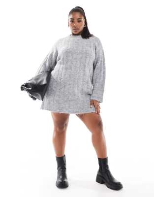 Pieces Plus Pieces Curve knitted mini dress with wide sleeves in medium grey melange