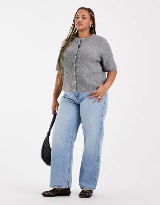 Pieces Curve kortærmet boxy cardigan i mellemgrå melange, 3 af 4