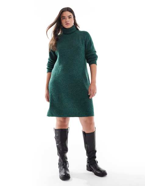 Pieces Curve – Kurzes Pulloverkleid in Dunkelgrün mit Rollkragen - view 1