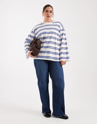 Pieces Curve - Langärmliges, mehrfarbiges Oversize-Rugbyshirt mit Streifen in Blau-Bunt