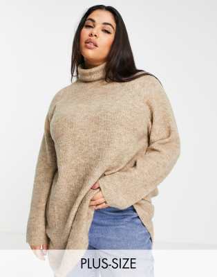 Pieces Curve - Langer Rollkragenpullover in dunklem Camel-Braun