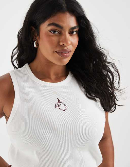Pieces Curve lemon embroidered cotton vest top in white, 3 of 4