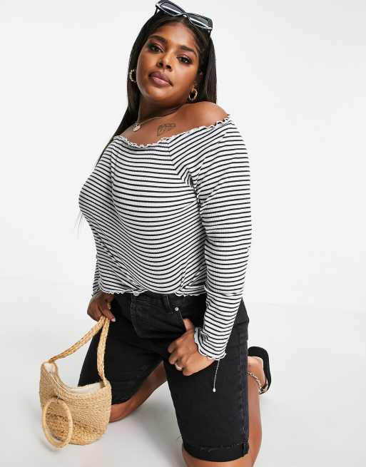 Pieces Curve lettuce edge bardot top in black stripe ASOS