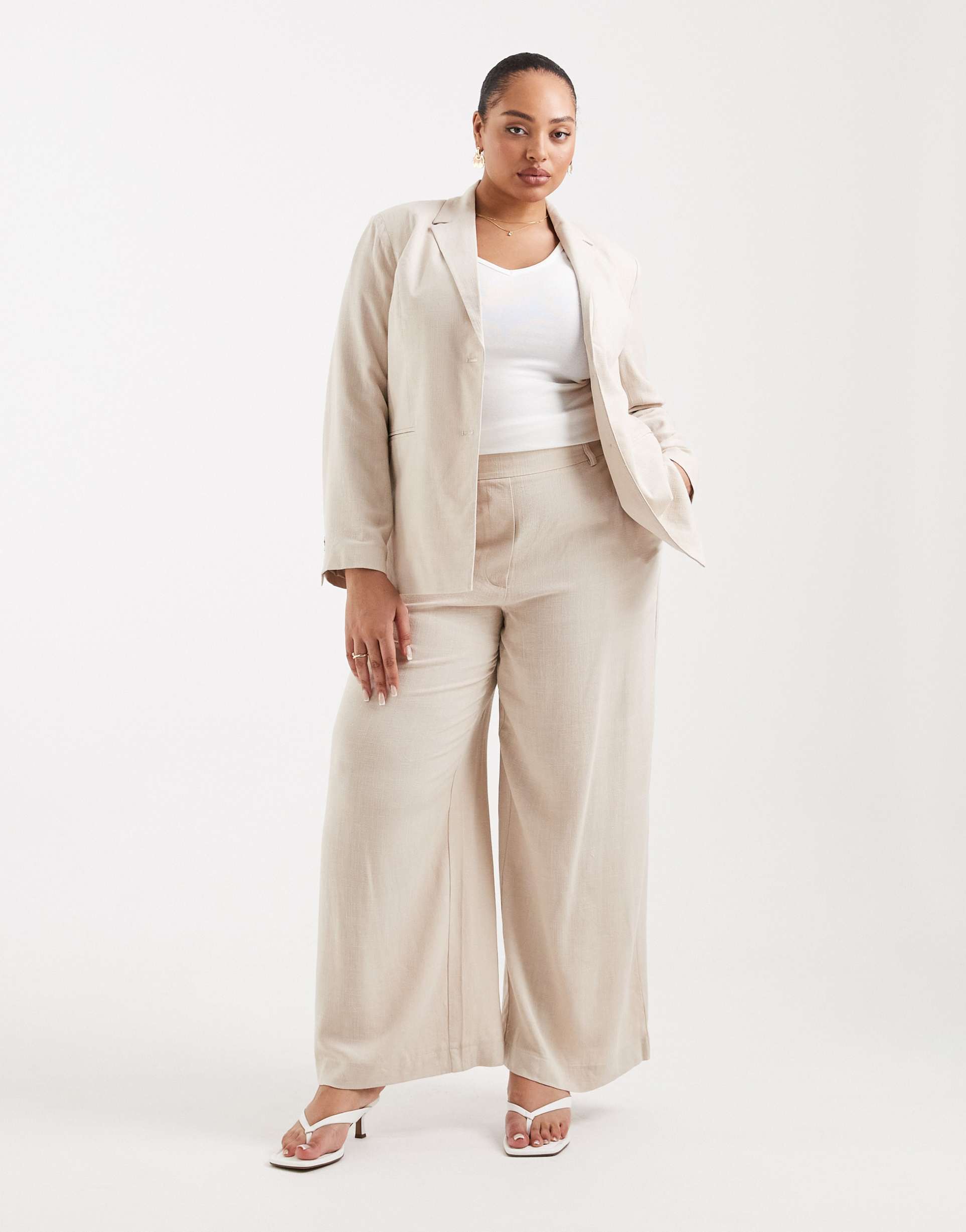 pieces curve linen touch tailored blazer in warm gray - part of a set