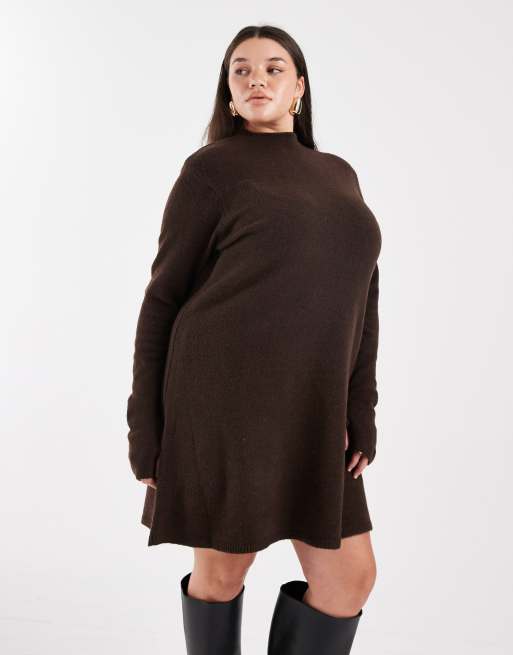 Pieces Curve long sleeve knit mini dress in chocolate brown