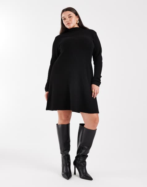 Pieces Curve long sleeve knitted mini dress in black - view 1