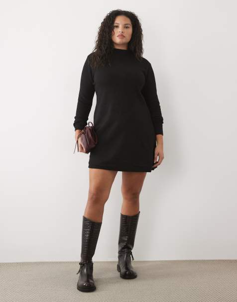 Pieces Curve long sleeve knitted mini dress in black - view 1
