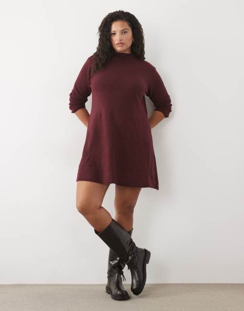 Pieces Curve long sleeve knitted mini dress in burgundy - view 1