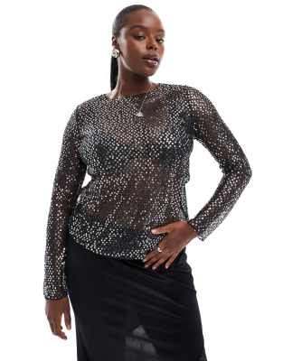 pieces curve long sleeve sequin mesh top in black