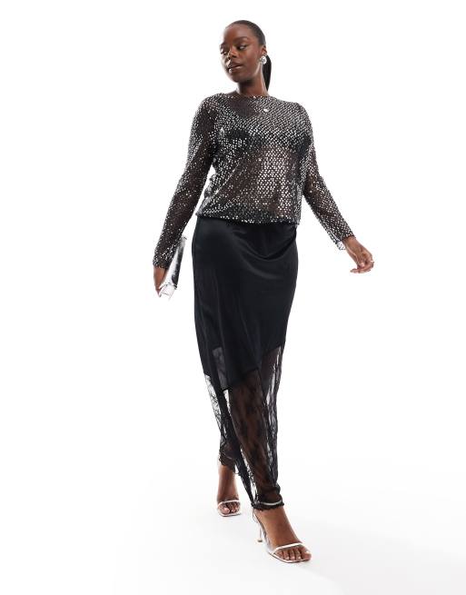 Pieces Curve long sleeve sequin mesh top in black, 4 of 4