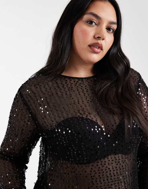 Pieces Curve long sleeve sequin top in black - view 1